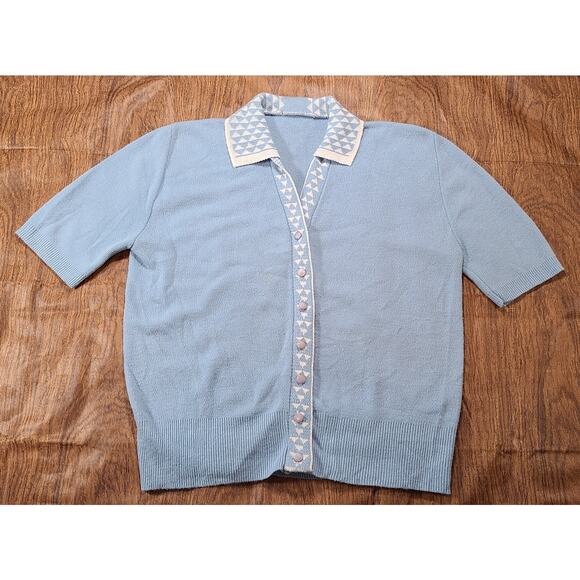 Vintage 50s-60s Womens Cardigan Size XS Baby Blue Print Trim Sweater Collared - Picture 1 of 7